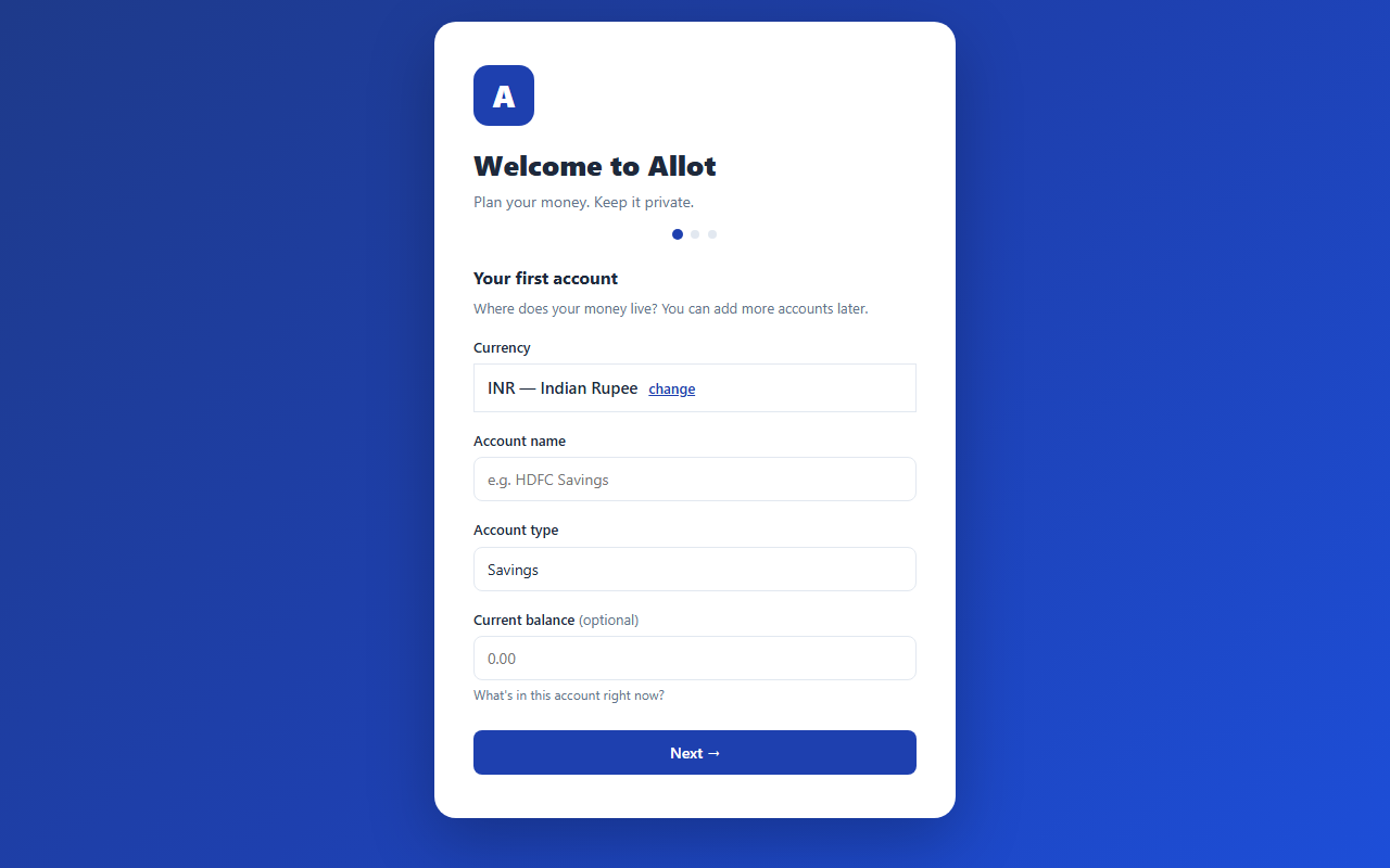 Allot welcome screen with currency list