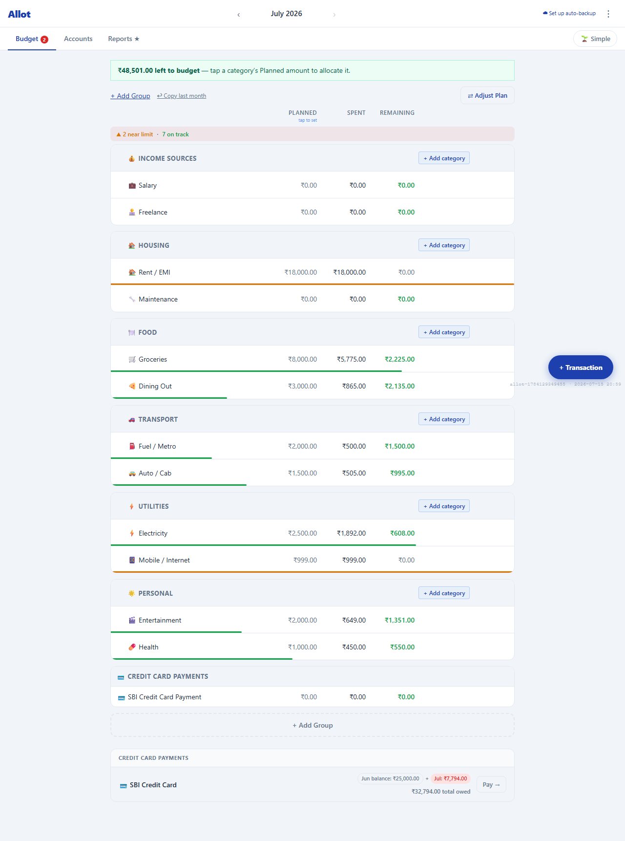 Budget view with all categories showing budgeted/spent/available