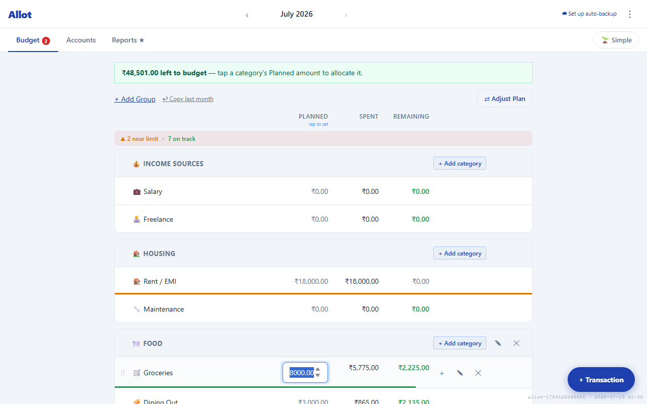 Category row with inline budget editor active