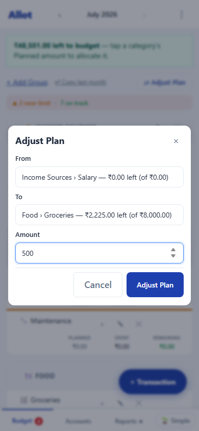 Allot move-money modal on a phone