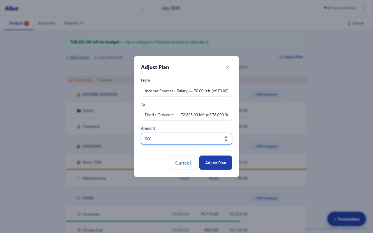 Move Money modal with From/To selectors and amount field