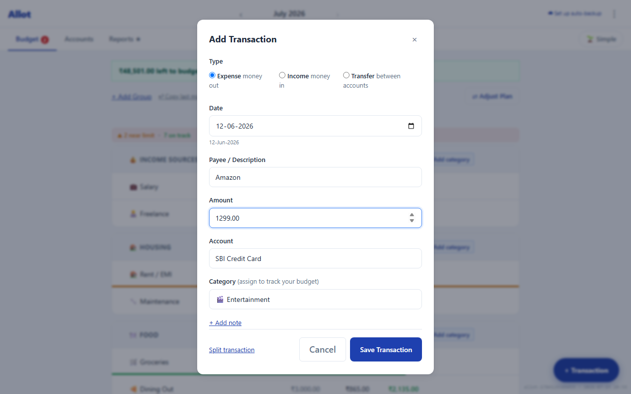 Add Transaction modal filled in for an Amazon expense