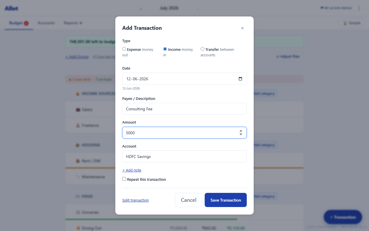 Add Transaction modal set to Income type