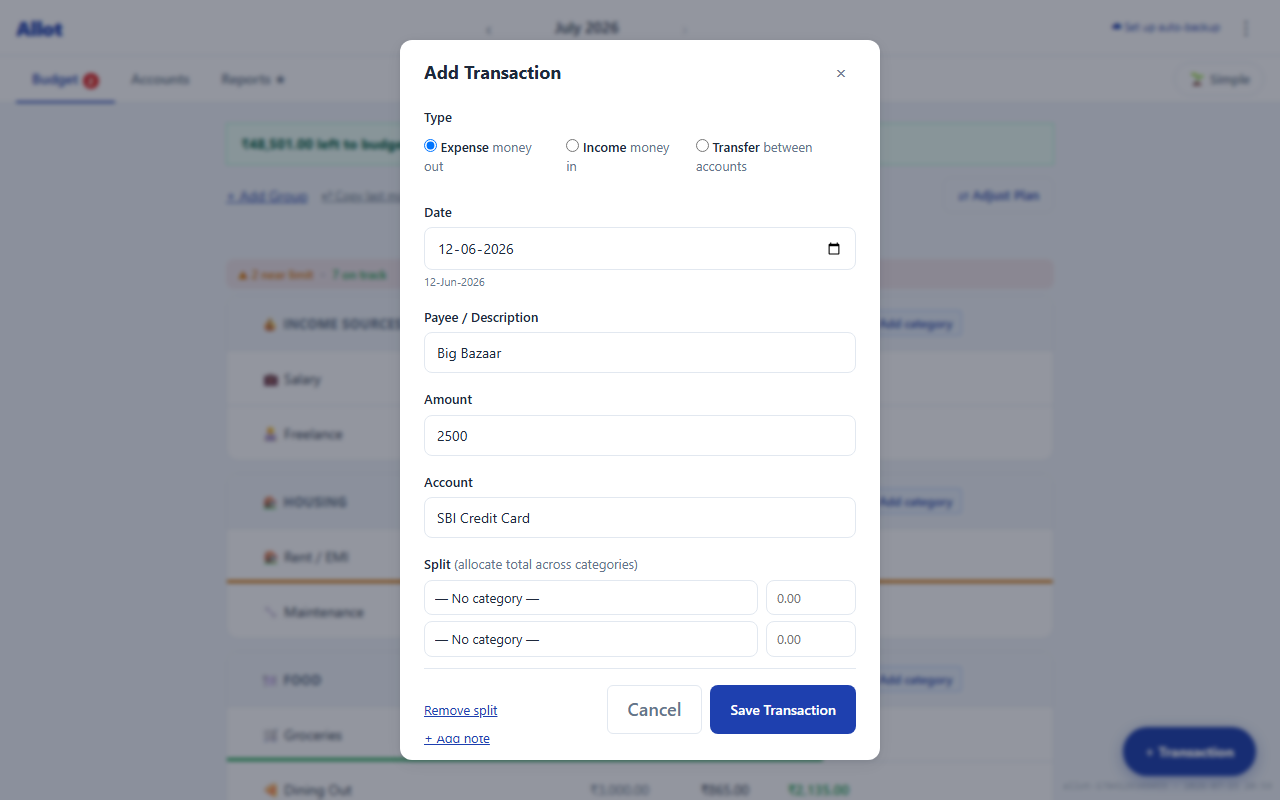 Split transaction UI showing two category rows