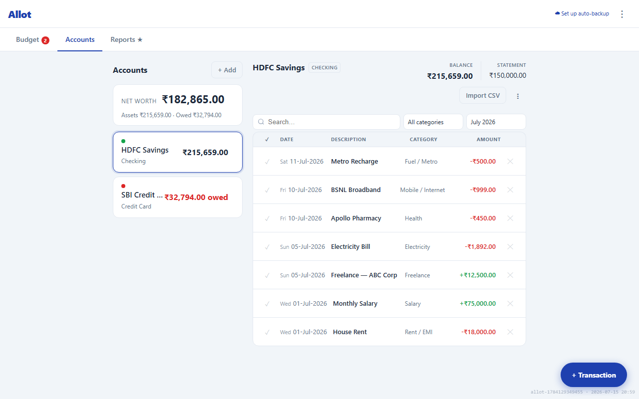 Accounts view showing HDFC Savings selected with transaction list