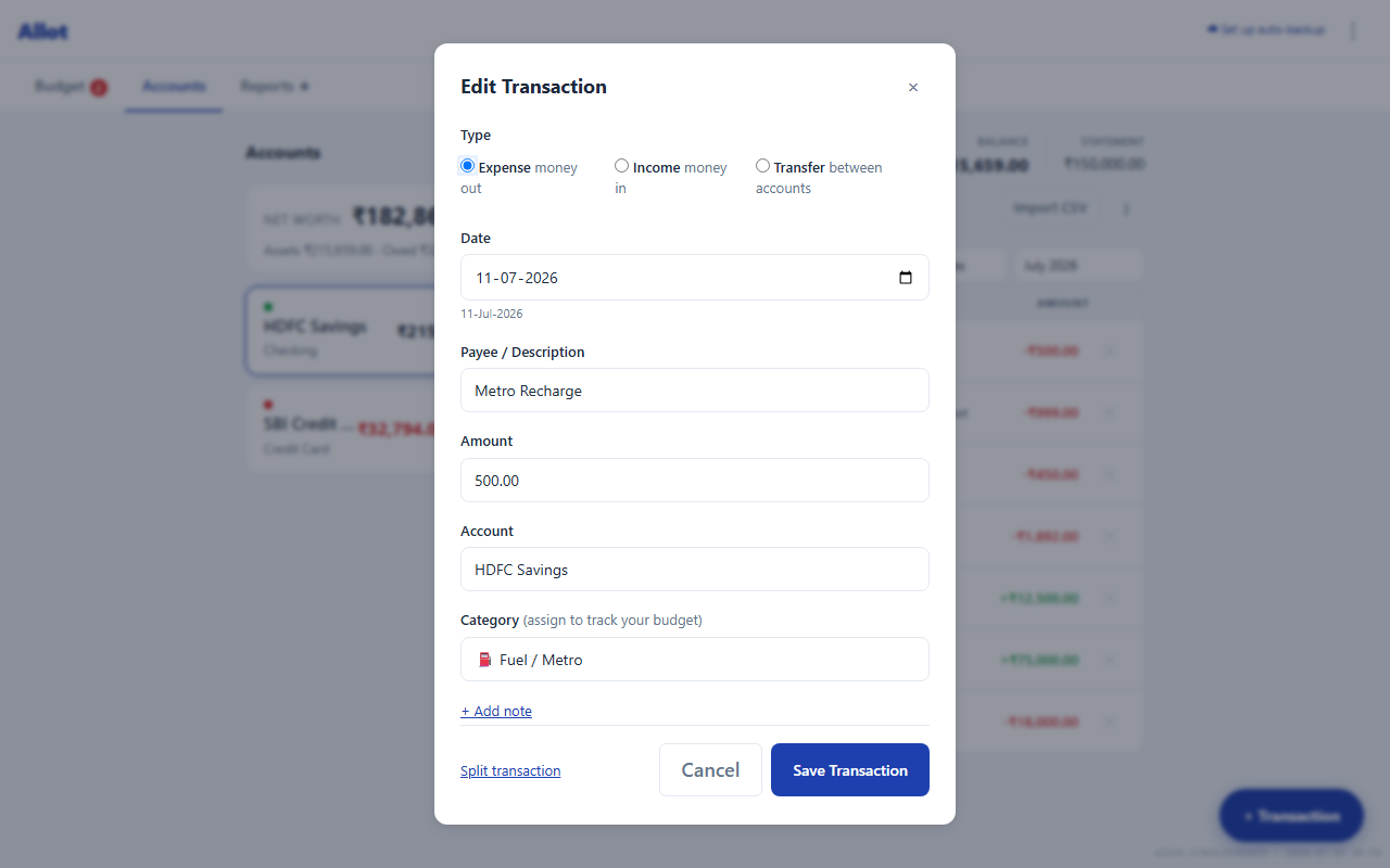 Edit transaction modal with existing data