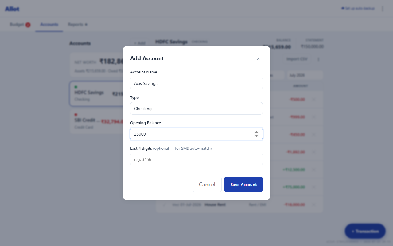 Add Account modal with name, type, and opening balance fields