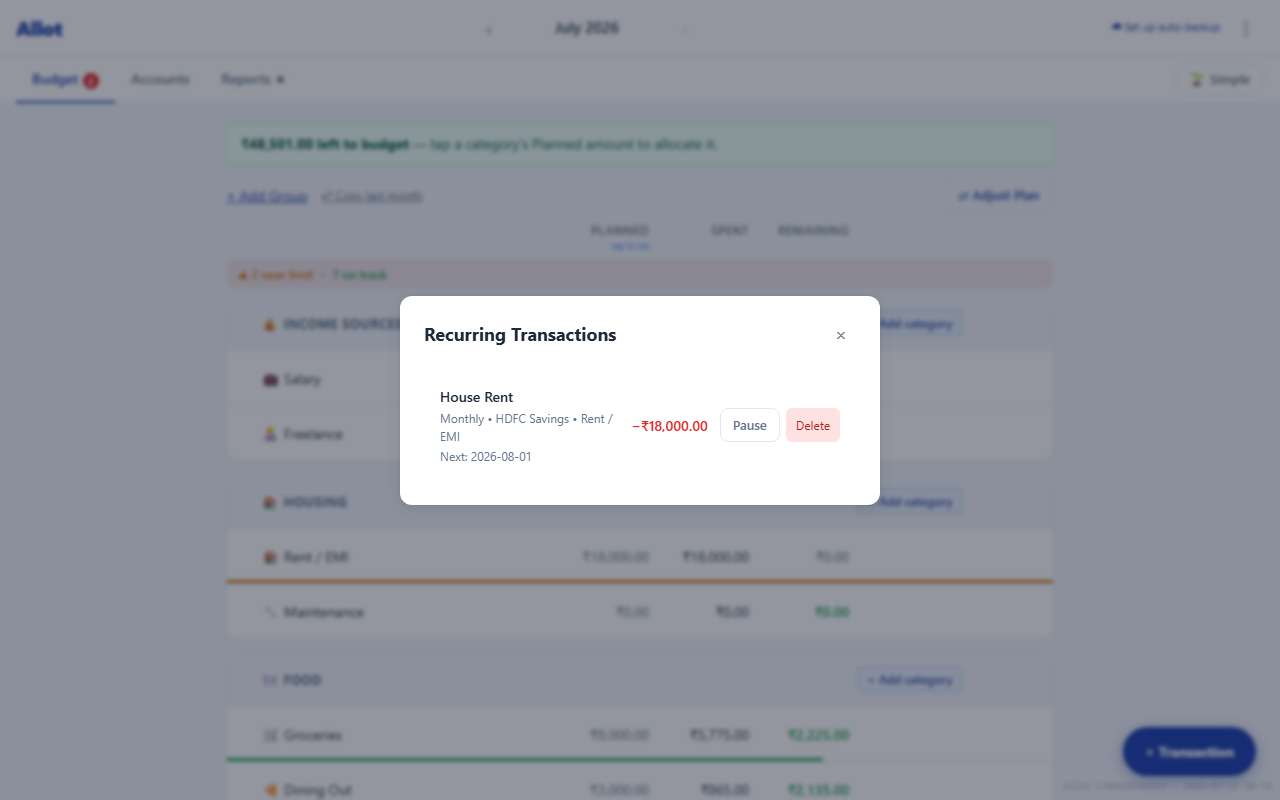 Recurring Transactions modal showing a list of templates