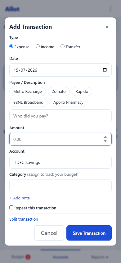 Allot add-transaction screen on a phone